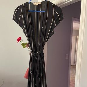 Black and Pink Pinstripe LOFT Maxi Wrap Dress
